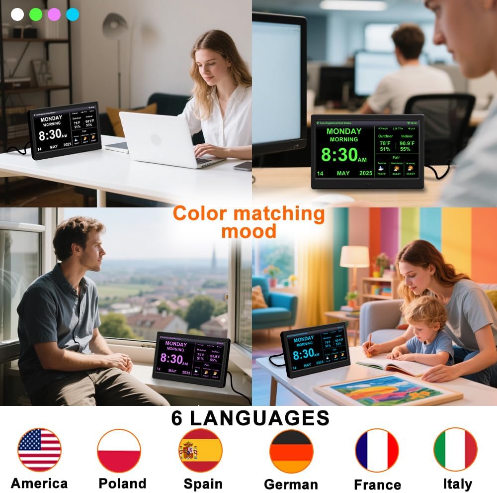 2025 Digital Clock with Weather Forecast & Temperature/Humidity Large Display,Auto Time Sync, Custom Alarms & Medication Reminders, Elderly Memory Loss