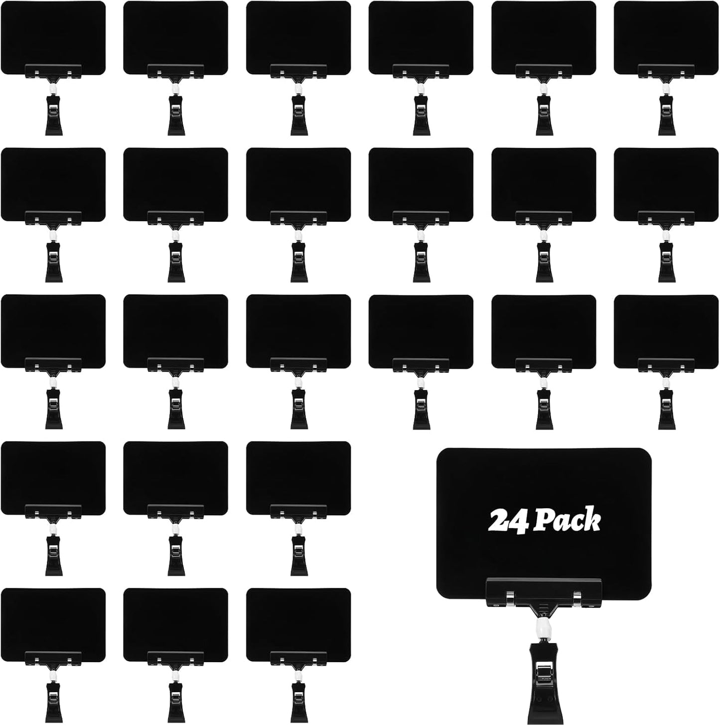 24 Pcs Black Mini Plastic Chalkboard Sign with Clip, Double Head Rotating Display Price Tags Merchandise Sign Clip Holder for Business Retail Food Clothing Rack Shelf Basket Sign Display