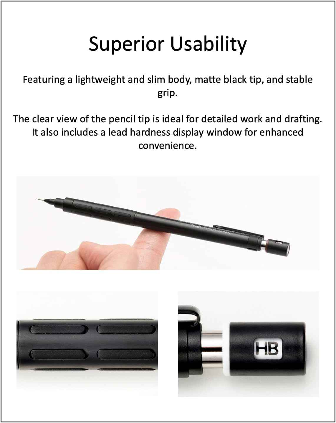 Graph 1000 for Pro Mechanical Drafting Pencil + Ain HB/B/2B leads, original Black slim pen case (0.5)