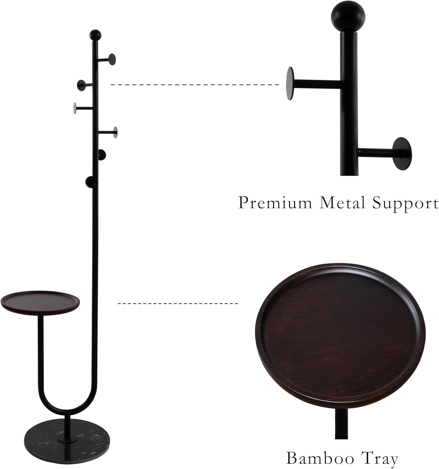 Coat Rack Stand, Metal Coat Tree with Bamboo Tray & 6 Hooks, Heavy Duty Marble Base Corner Coat Stand for Bedroom Hallway Entryway Living Room Office 13.78 x 13.78 x 68.11 Inches (Black) - Lumora Desk