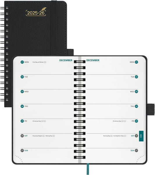 BEZEND Pocket Planner 2025-2026 Weekly with 2 Columns, 18-Month Academic Calendar (Jul 25-Dec 26), Life Work App., Storage Pocket, Pen Holder, PU Leather Softcover 3.5" x 6" Spiral - Black