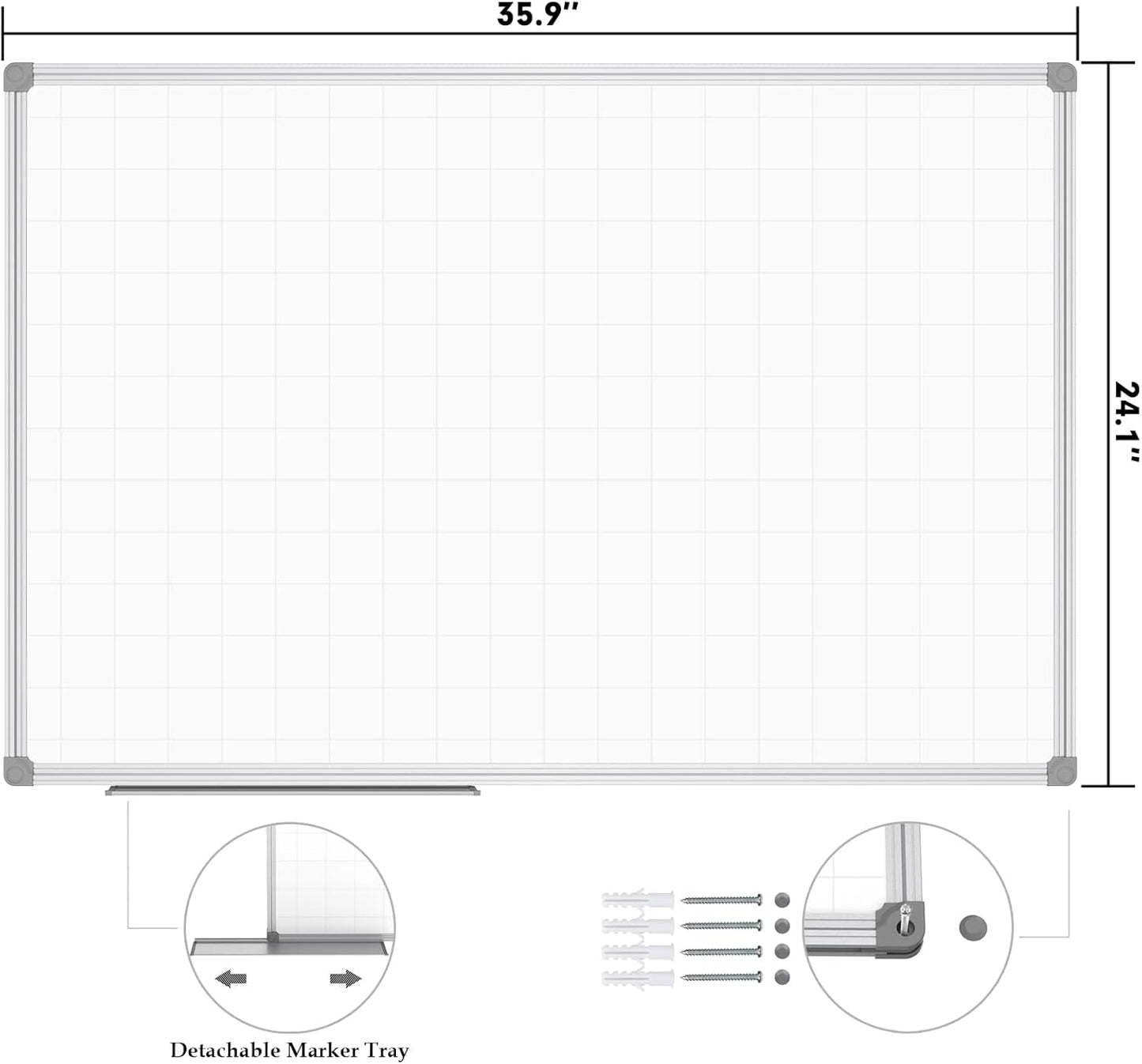 JILoffice Magnetic Dry Erase Planning Board, Grid Pattern White Board 36 x 24 Inch, Silver Aluminum Frame with Detachable Marker Tray for Office School and Home - Lumora Desk