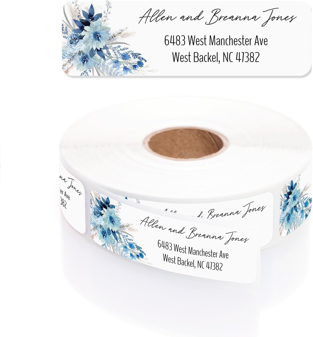 Blue Floral Rolled Address Labels / 250 Personalized Return Address Labels/Designer Address Stickers in Elegant Plastic Dispenser - Lumora Desk