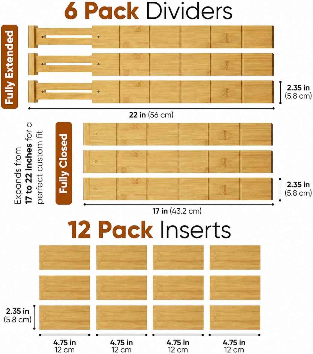 6 Pack Bamboo Drawer Dividers, Adjustable 17–22 Inch Expandable Drawer Organizer for Kitchen, Dresser & Closet, Bamboo Kitchen Drawer Organizer, Drawer Divider Set with 12 Inserts