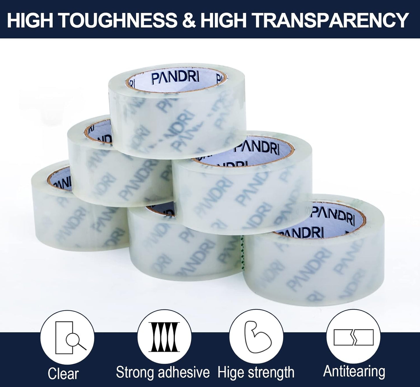 PANDRI Packing Tape, 12 Rolls Heavy Duty Clear Packaging Tape for Shipping Packaging Moving Sealing, 1.88 inches Wide, 65 Yards Per Roll, Total 780 Yards