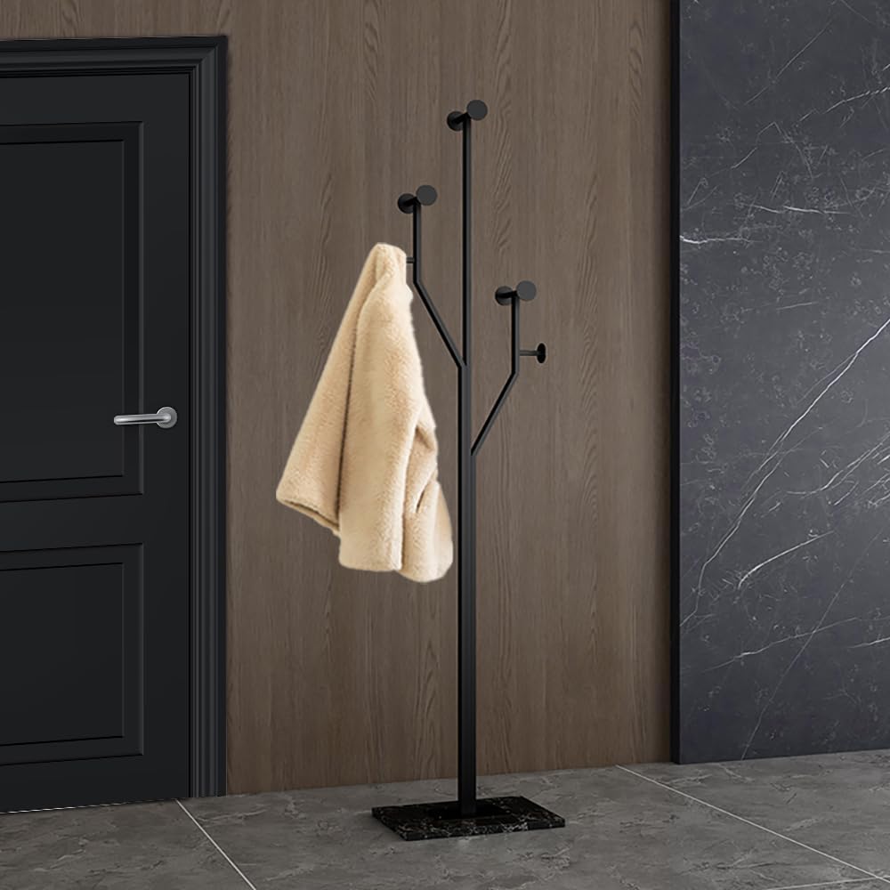 Freestanding Coat Rack Tree-shaped Metal Coat Tree with Heavy Duty Marble Base Corner Clothing Rack for Bedroom Entryway Hallway 14.96 x 10.24 x 68.9 Inches (Black) - Lumora Desk