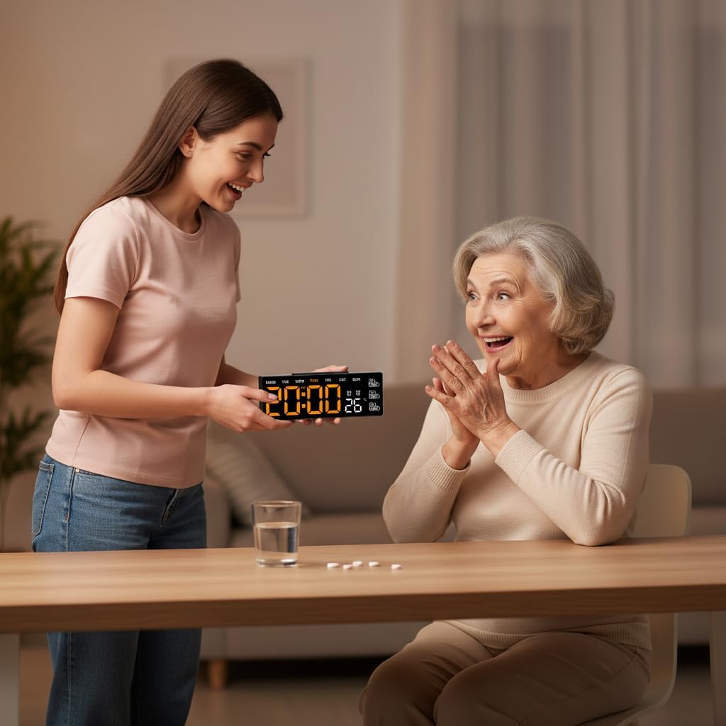 8 Inch LED Digital Desk Clock with Medication Reminders – Large Display with Time, Date, Day, Temperature, Triple Pill Alerts, Dual Alarm, Silent Clock for Home and Office,Orange