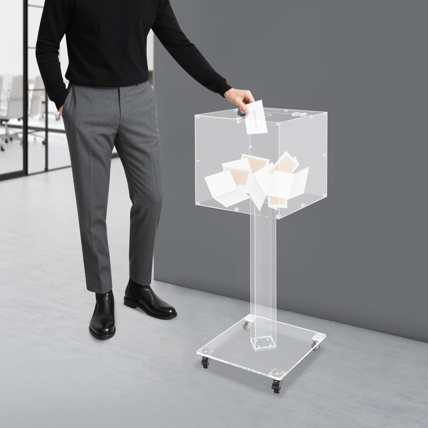 Acrylic Suggestion Box with Lock and Key for Office, Home, Event Donation with Stand for Charity Church Collection Offering/Raffle Ballot Box with Sign Holder Display Stand