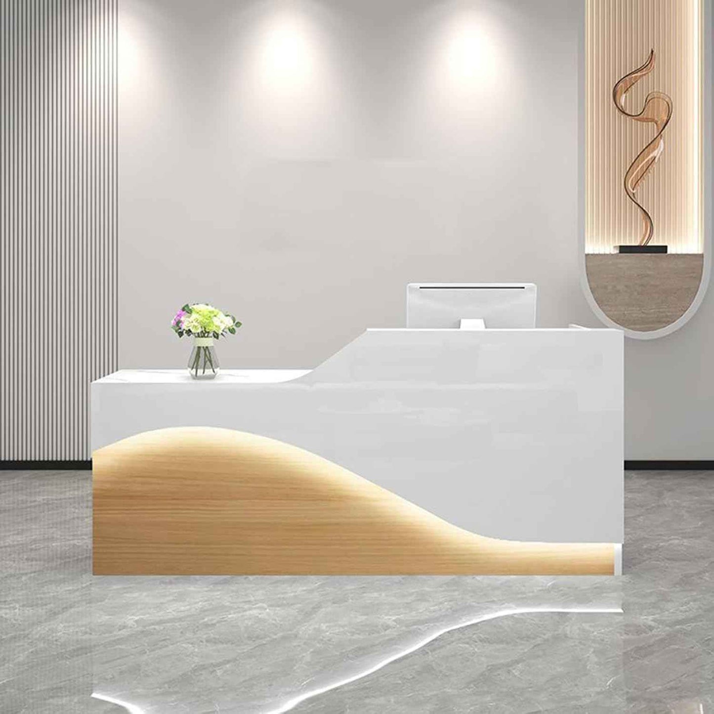 Front Desk Reception Counter, Front Counter Desk with Lockable Drawer, Reception Counter, Modern Retail Counter for Checkout Office/Beauty Salon/Lobby C-right(White+natural-R,Medium)