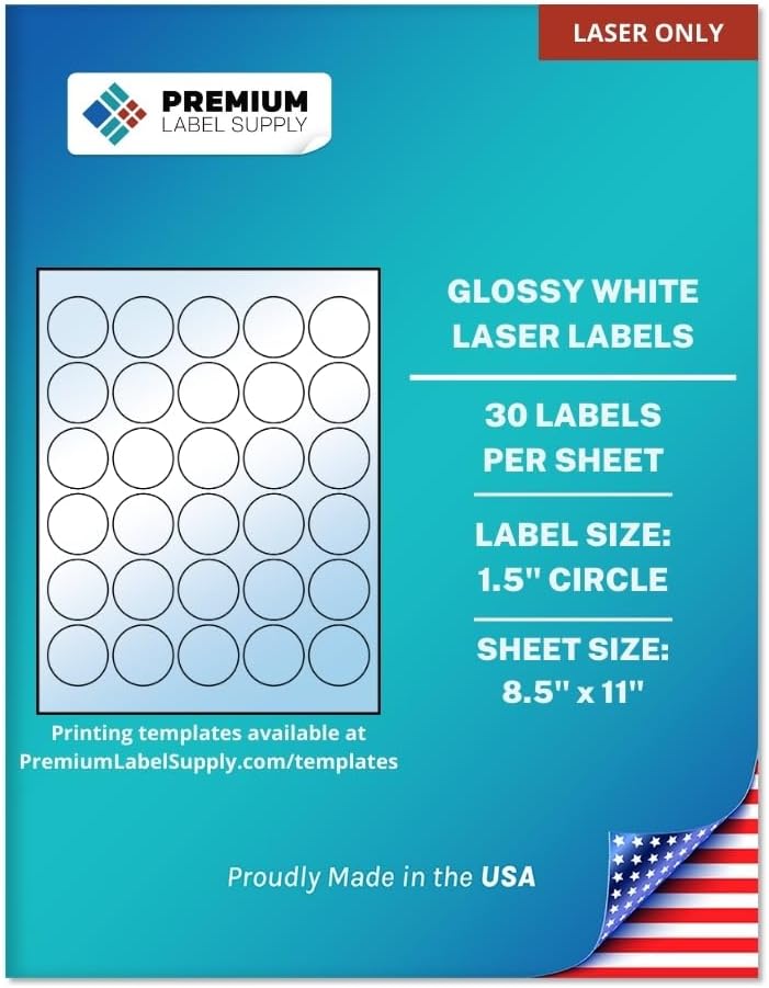 Premium Label Supply Glossy White Sticker Round Labels – 1.5" Circle – (30 per Sheet) (Glossy White for Laser Only, 300 Labels)