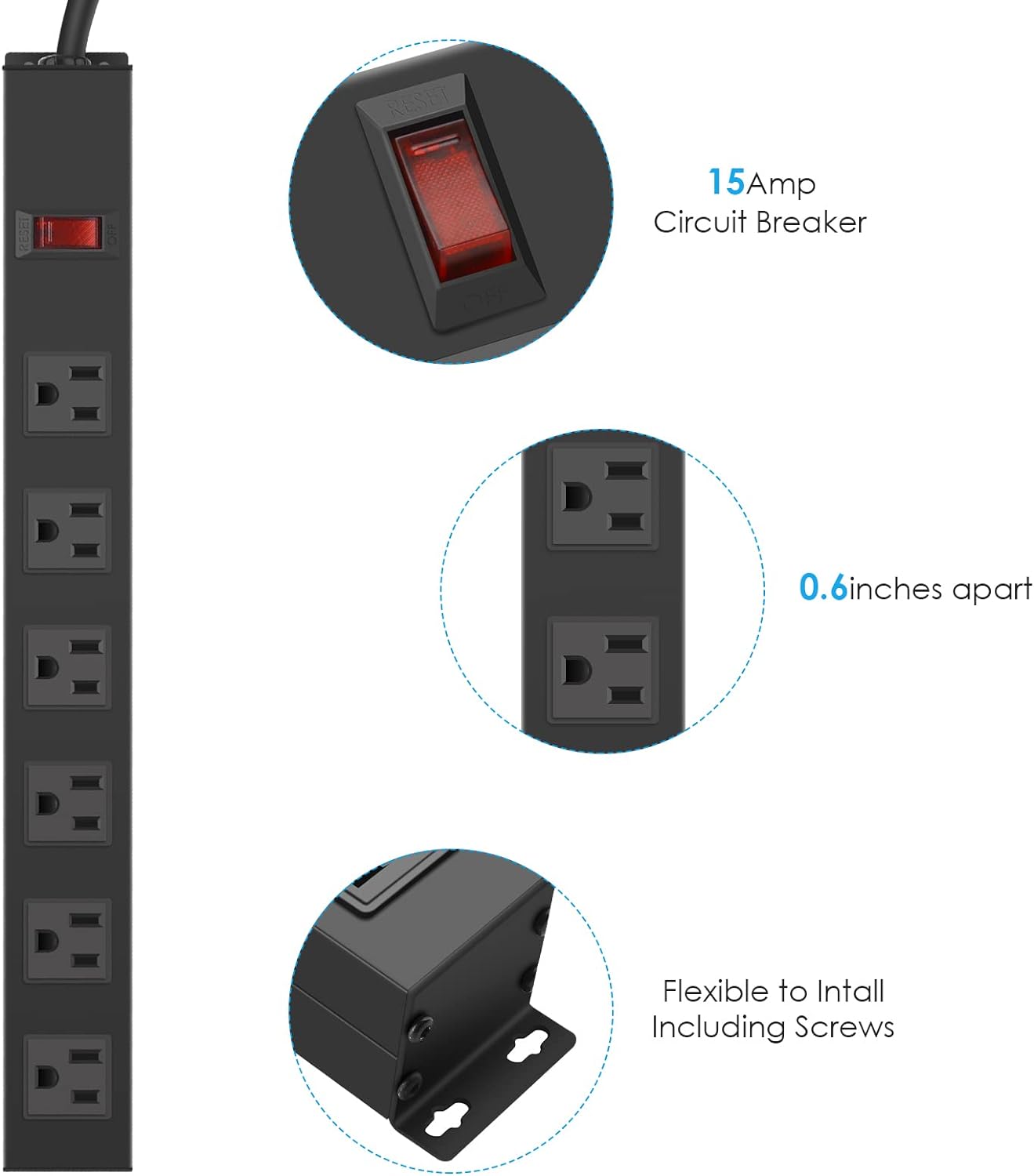 2Pack Metal Wall Mount Power Strip, Mountable Power Outlet with 6 AC Outlets, Aluminum Alloy Mount Power Socket with Switch, 6 FT SJT 3/C 14AWG Power Cord, 15A 125V 1875W (6AC)