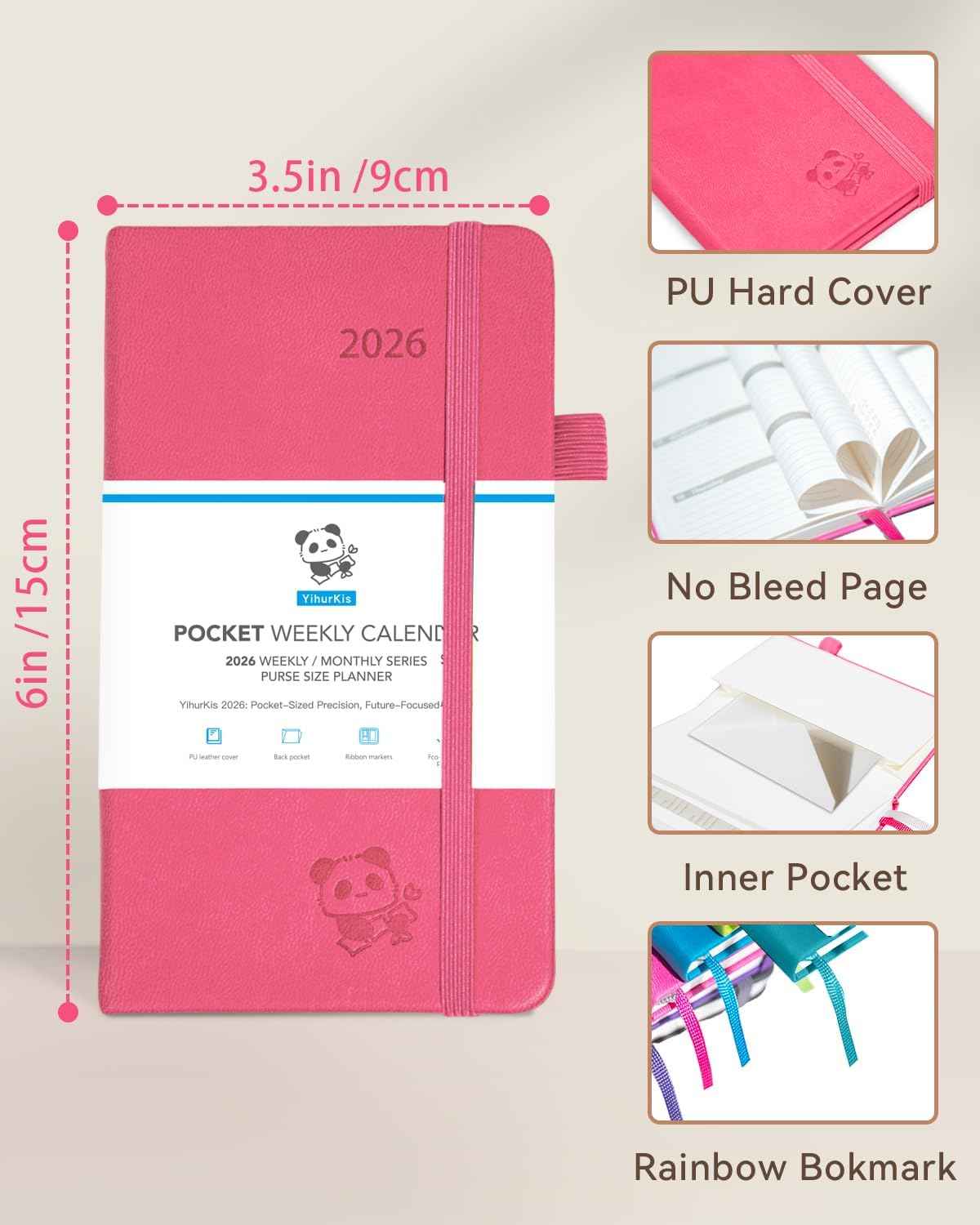 2026 Pocket Calendar by YihurKis - Weekly and Monthly Planner, 3.5'' x 6'', 2026 Purse Planner with Pen Holder, Leather Hard Cover, Inner Pocket For Men & Women - Pink