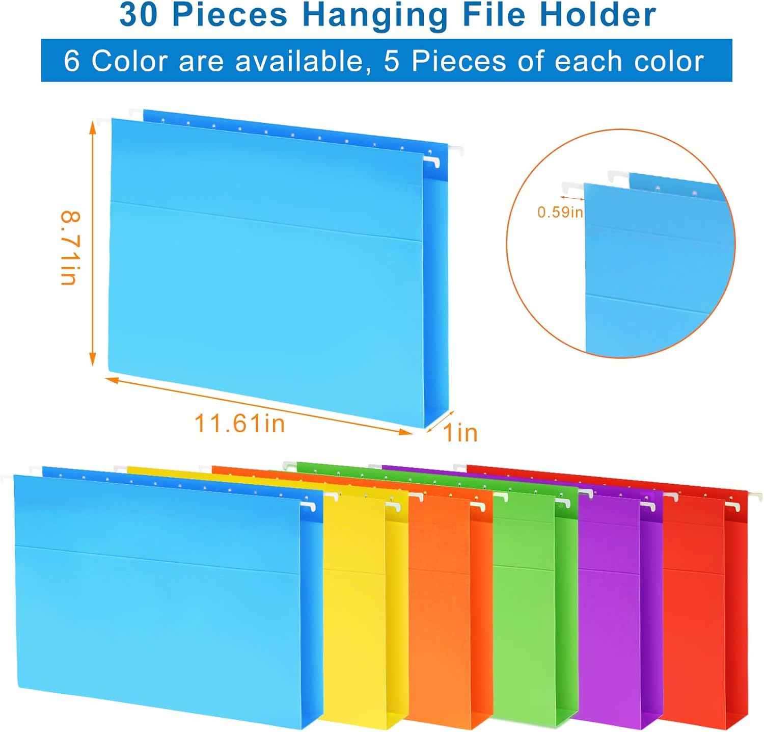 30 Pack Hanging File Folders Letter Size, Colored Hanging Folders with 1/5-Cut Adjustable Tab, Extra Capacity Hanging File Folders, 1 Inch Expansion, Perfect Office, Home, Classroom Supplies
