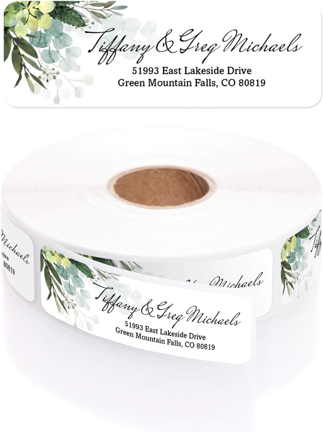 Floral Greenery Rolled Address Labels/Roll of 500 Personalized Address Labels/Designer Return Address Stickers in Elegant Plastic Dispenser - Lumora Desk