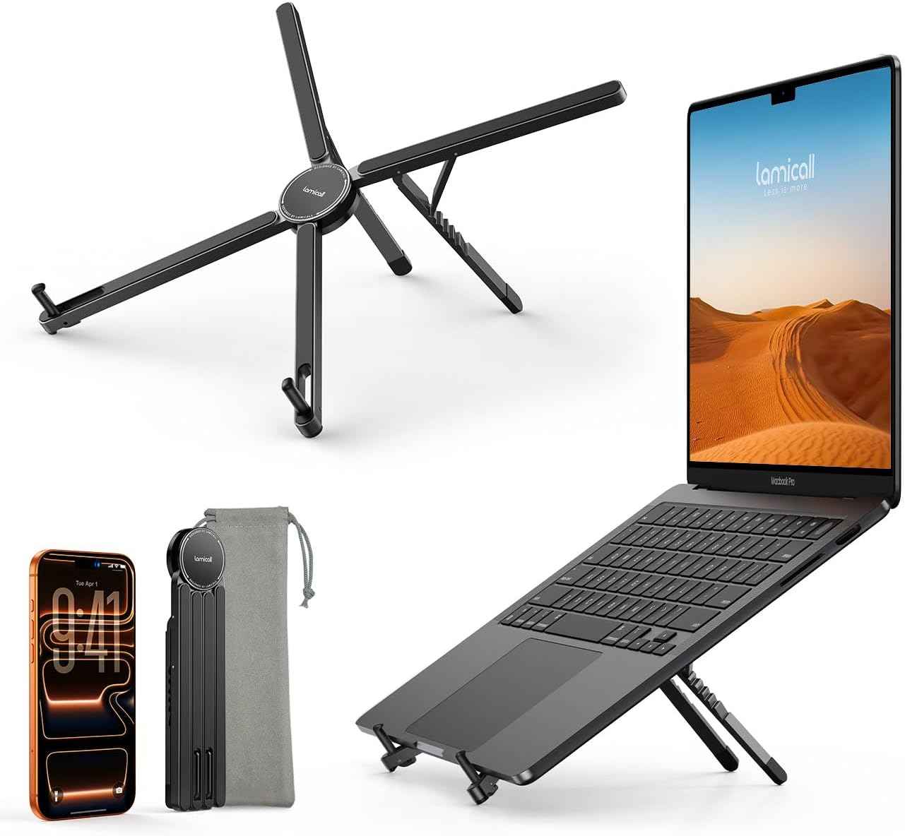 Lamicall Adjustable Laptop Stand for Desk - [0.25lb Ultralight] Foldable & Portable Laptop Riser, Aluminum Computer Stand for Travel Library Cafe fit MacBook Neo Air Pro HP Dell Lenovo Tablet - Black