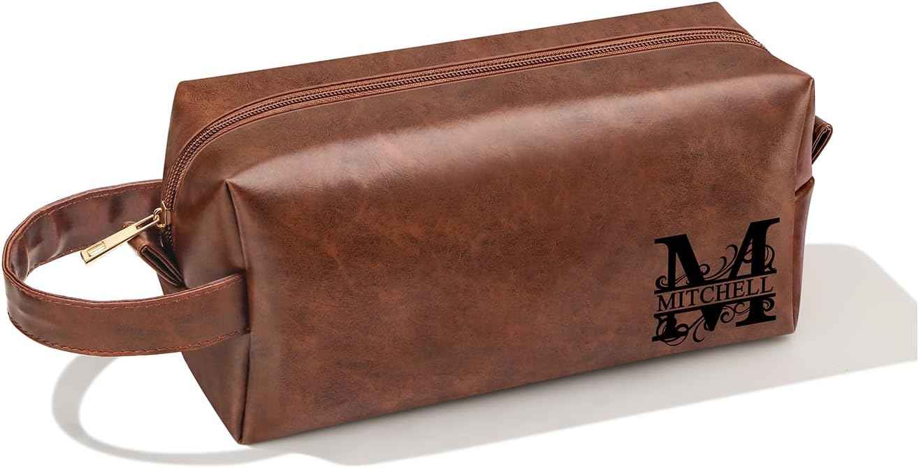 Mitchell Anniversary Birthday Christmas Valentines Fathers Day Ideas Gifts for Husband Dad Grandpa Brother Son from Wife Daughter, Leather Travel Toiletry Bag Gifts for Men
