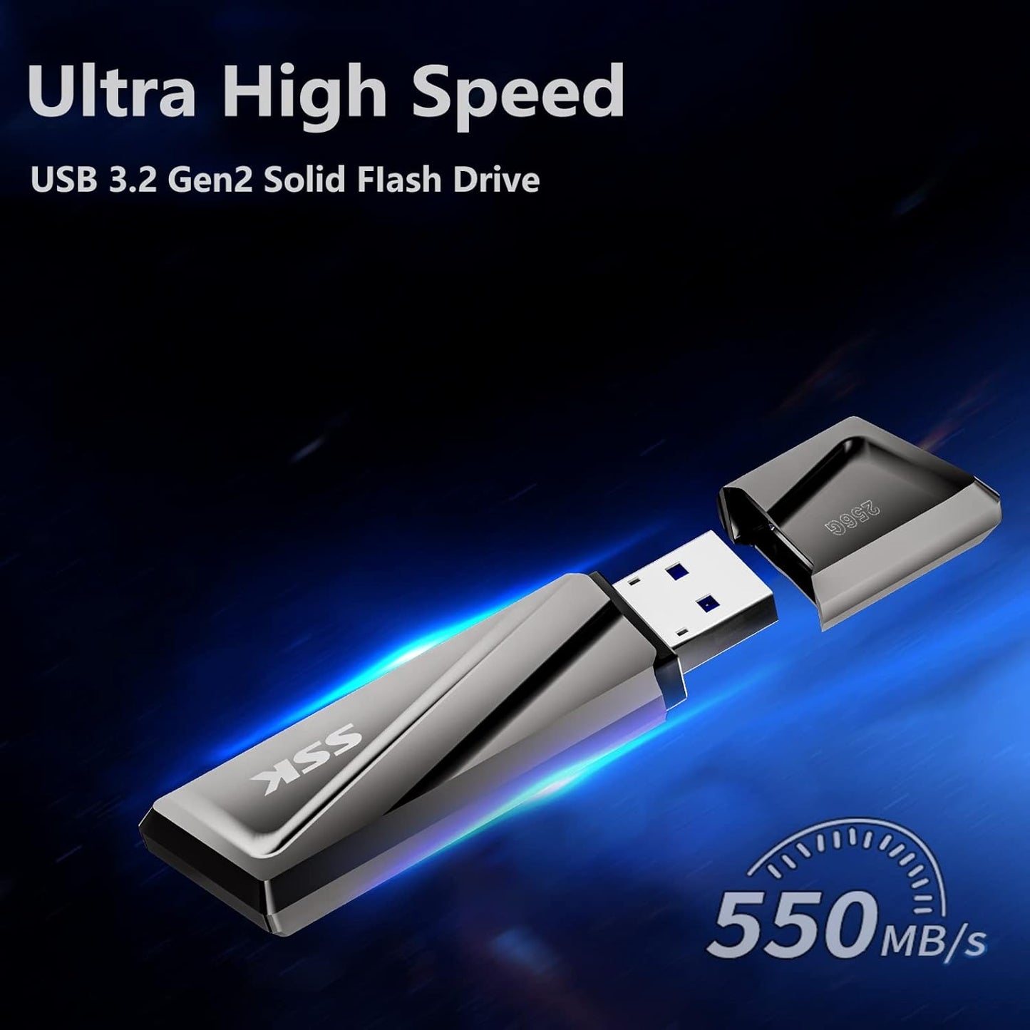 SSK 256GB USB Flash Drive 550MB/s USB 3.2 Gen2 USB Thumb Drive Fast Transfer Speed Externel Solid State Drive +USB C Adapter USB C Memory Stick for Type C Smartphone,MacBook/Pro/Air Laptop and More