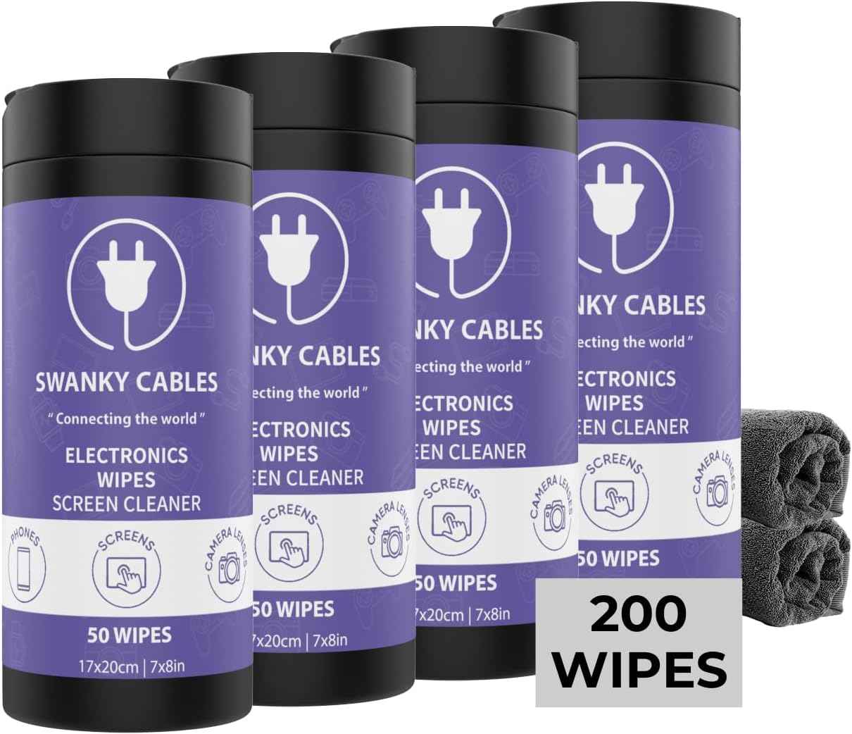 Swanky Cables Screen Cleaner Wipes: Electronic Wipes for Screens - Computer Screen Wipes for Lens, Phone, Tv Screen and Monitor Cleaning - Tech Wipes & Microfiber Cloth (Canister, 200 Count)