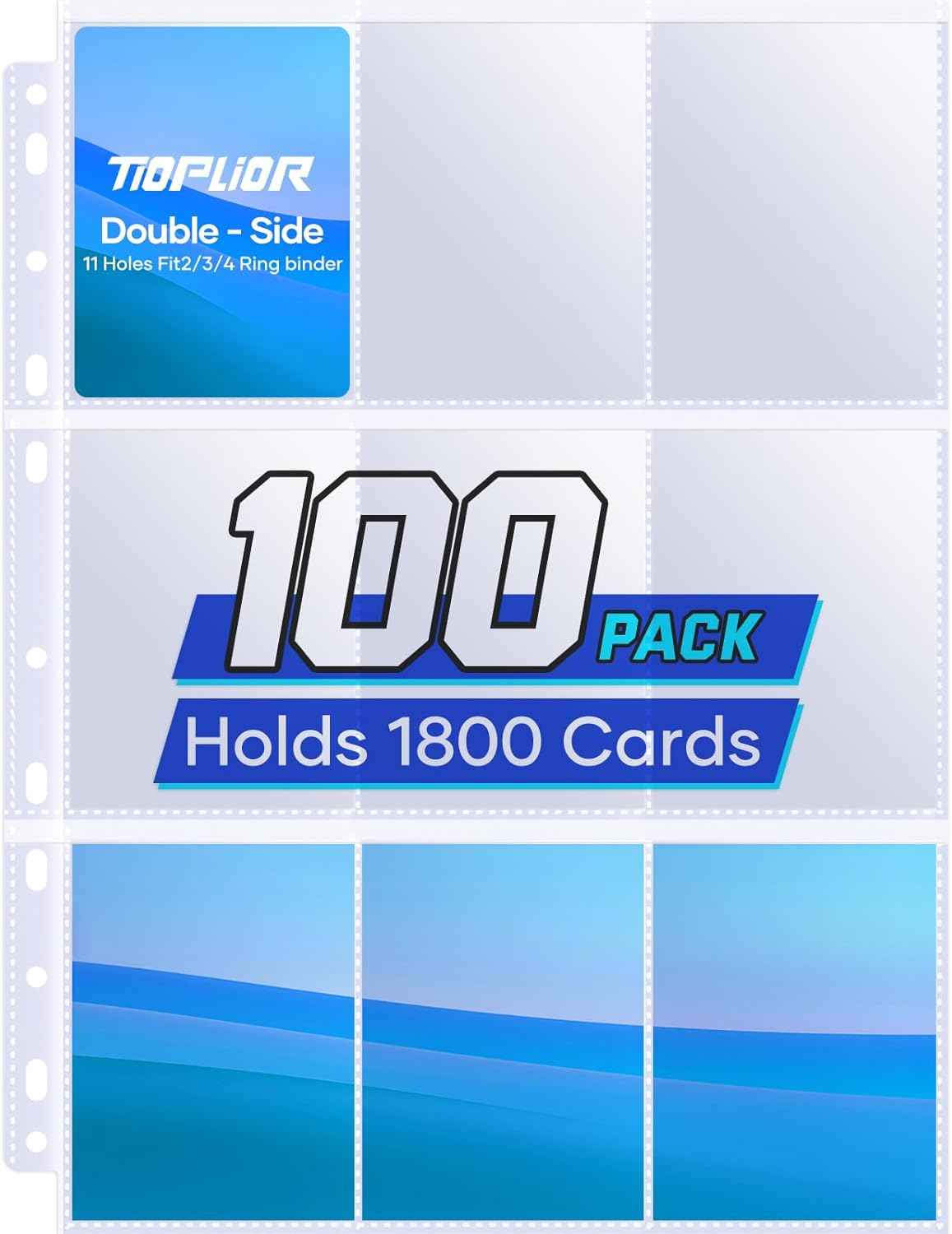 Tioplior Trading Card Sleeve Pages,9 Pockets Double Sided Binder Sheets for 3 Ring Binder,Hold 1800 Cards Fit for MTG,TCG,Baseball,Sports Standard Cards (100)