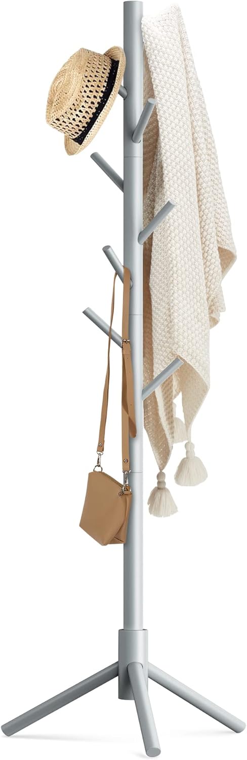 Haddockway Wooden Coat Rack Stand with 8 Hooks New Zealand Pine 3 Adjustable Coat Standing Tree Easy Assembly for Coats, Hats, Scarves and Handbags for Entryway, Hallway, Bedroom, Office - Lumora Desk