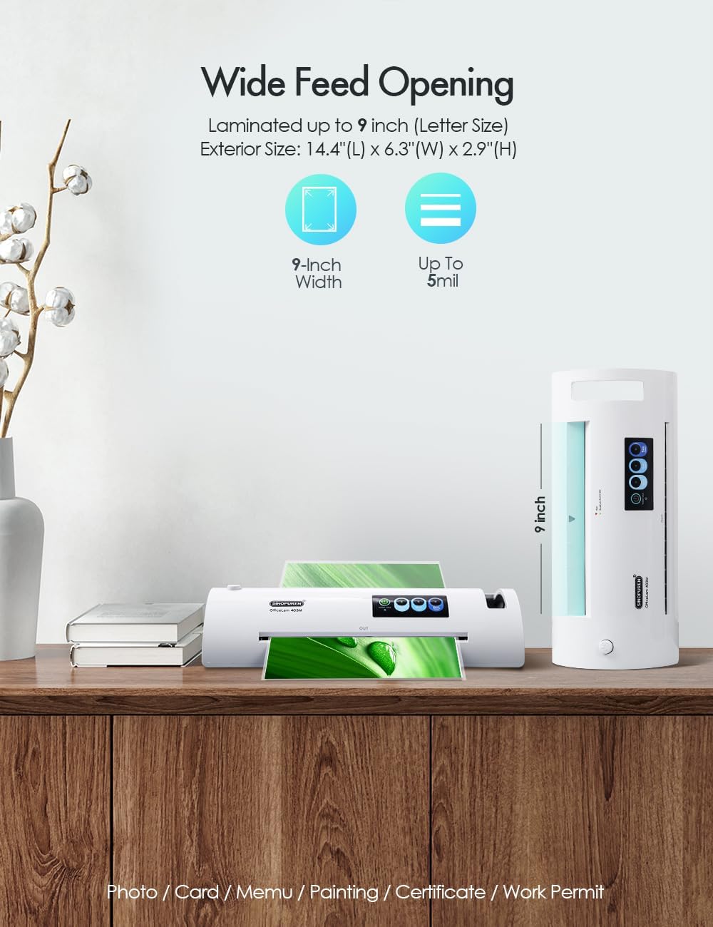 Laminator Machine, SINOPUREN Laminating Machine, Thermal Lamination 9-inch Quick 1min Warm-up JamFree-Tech Personal Lamination Work with 3mil 4mil 5mil Pouches, School/Office/Home use, White