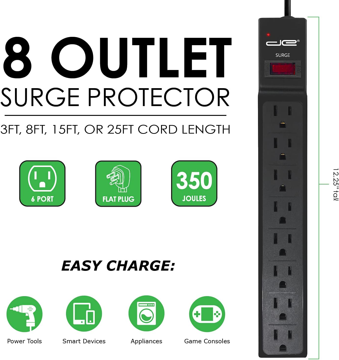 Digital Energy 8 Outlet Surge Protector Power Strip - 15 AMP, 1875 W, 125 V, 350 J Surge Protection, ETL Listed - Flat Plug, Black, 8 FT