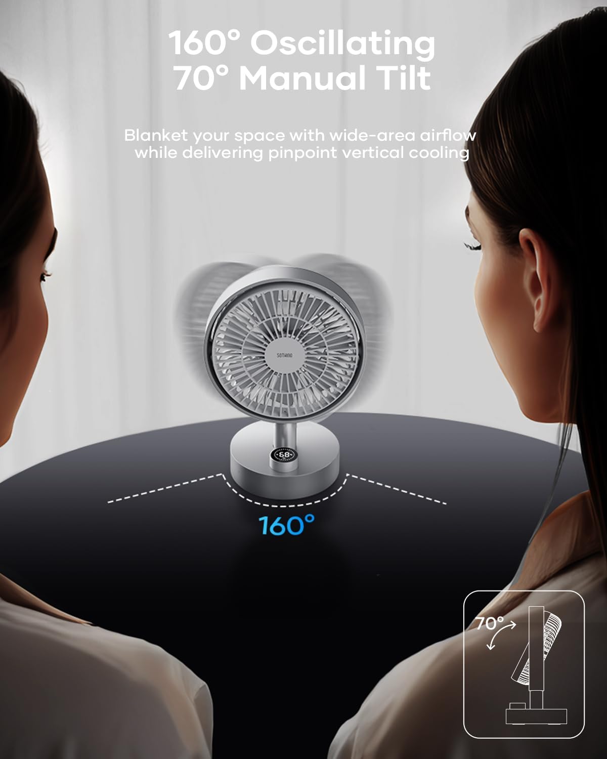 SOTHING Desk Fan, 18dB Ultra-Quiet, 6.6-inch Small Fan with 10-Speed, 160° Oscillating, 7hrs Battery Life, USB-C Rechargeable, Digital Display, Small Desk Fan for Bedroom, Dorm, Office - Silver