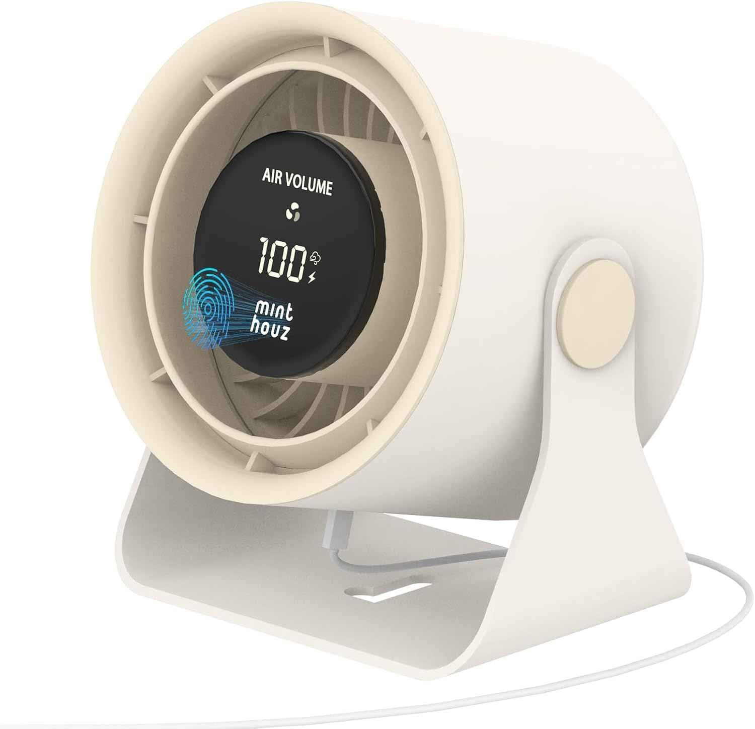 Minthouz Desk Fan - Touch Control LED Display, Premium USB Fans 3600mAh Rechargeable Battery, 6 Speeds, 90° Tilting - Portable for Home, Office, Travel, Camping, Kitchen (Beige)