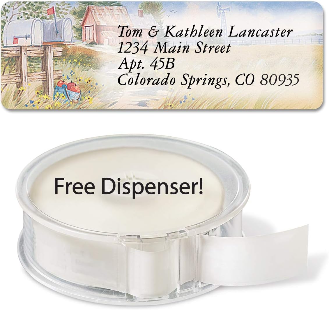 Colorful Images American Countryside Rolled Personalized Return Address Mailing Labels with Dispenser, Customize with Name & Shipping Address, 250 ¾” x 2½” Self Adhesive, Easy Peel Label Roll - Lumora Desk