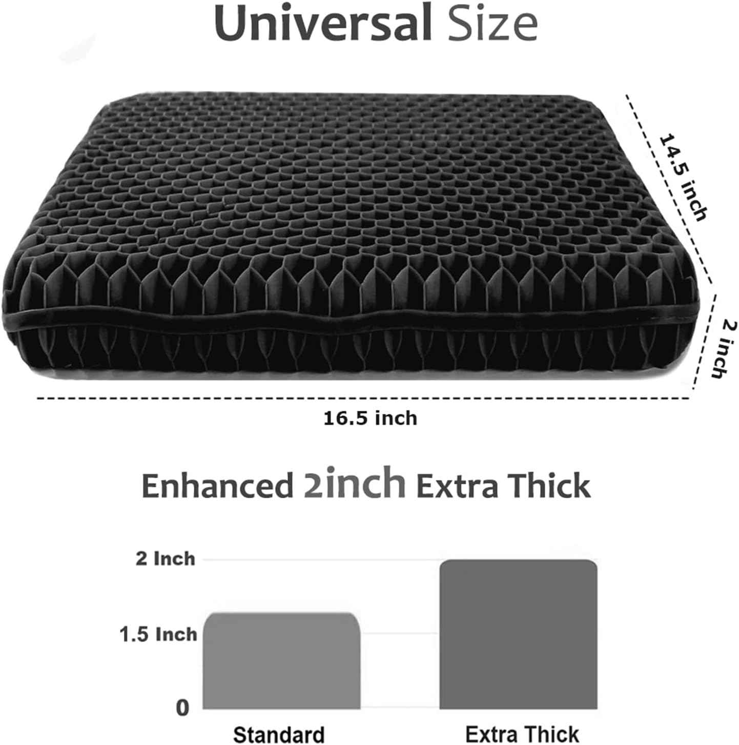 Gel Seat Cushion, Double Thick Breathable Honeycomb Design Absorbs Pressure Points Seat Cushion with Non-Slip Cover Gel Cushion for Office Chair Home Car Seat Cushion for Wheelchair (Black)