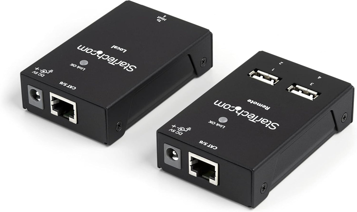 StarTech.com 4-Port USB 2.0 Extender - 130ft (40m) USB Over Cat5/Cat6 Extender - Compact USB 2.0 Over Ethernet Extender, TAA (USB2004EXTV)