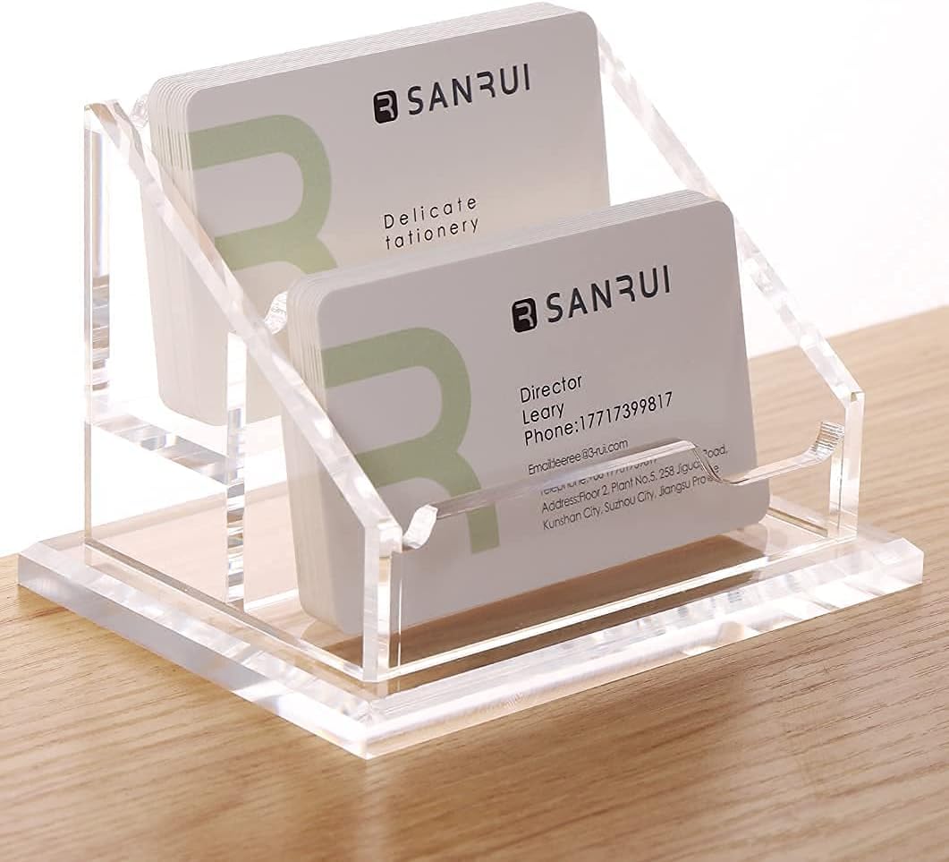SANRUI Business Card Holder for Desk, Clear Acrylic Business Cards Holder, Business Card Holder Case, Business Card Display Stand, Multiple Business Card Holder for Table-2 Slots 2 Tiers