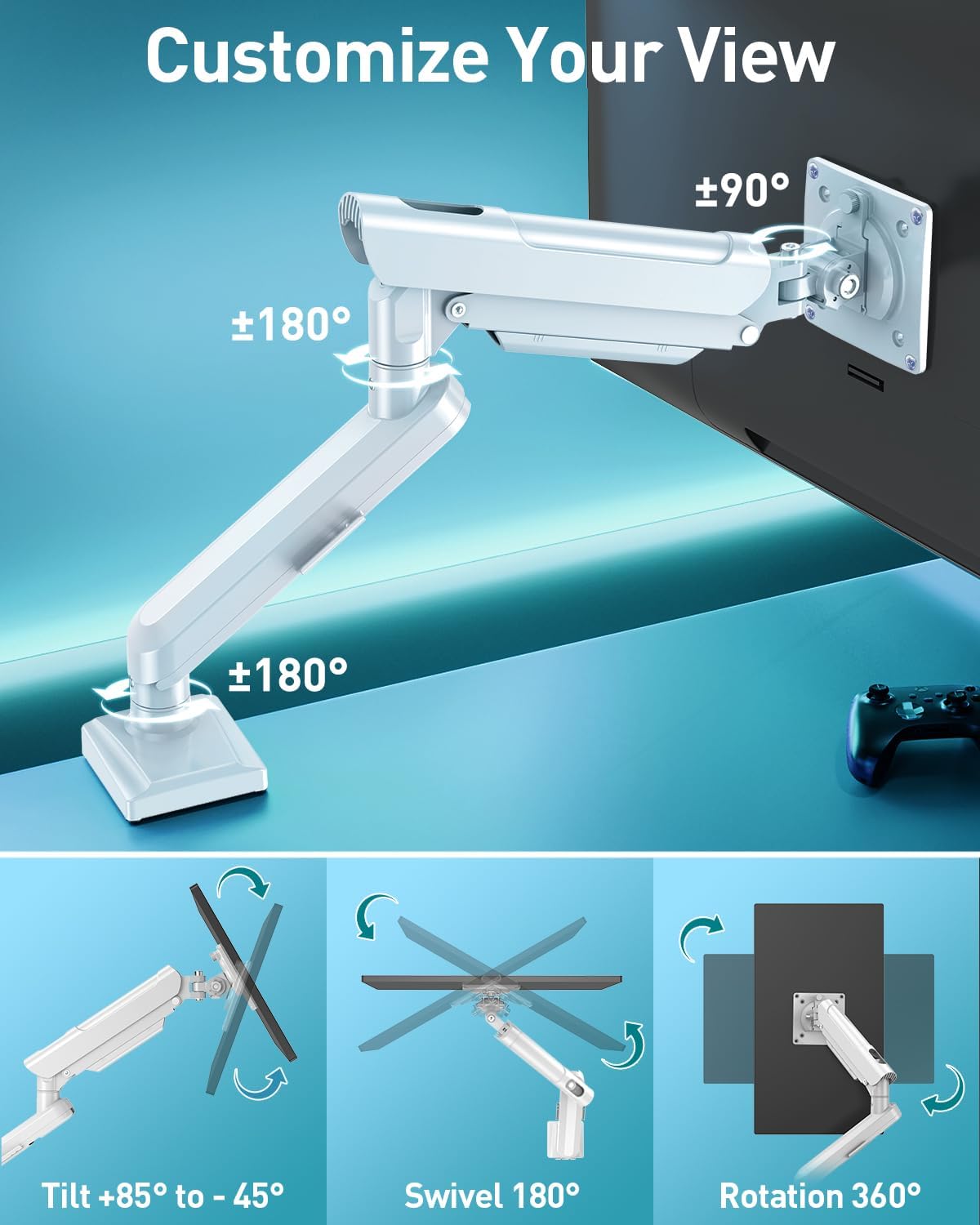 Single Monitor Desk Mount, 13-32 inch Adjustable Gas Spring Monitor Arm, Computer Monitor Stand Holder with Clamp and Grommet Base, Fits 4.4 to 22lbs Screens, VESA Mount Bracket, White, Freelift Pro