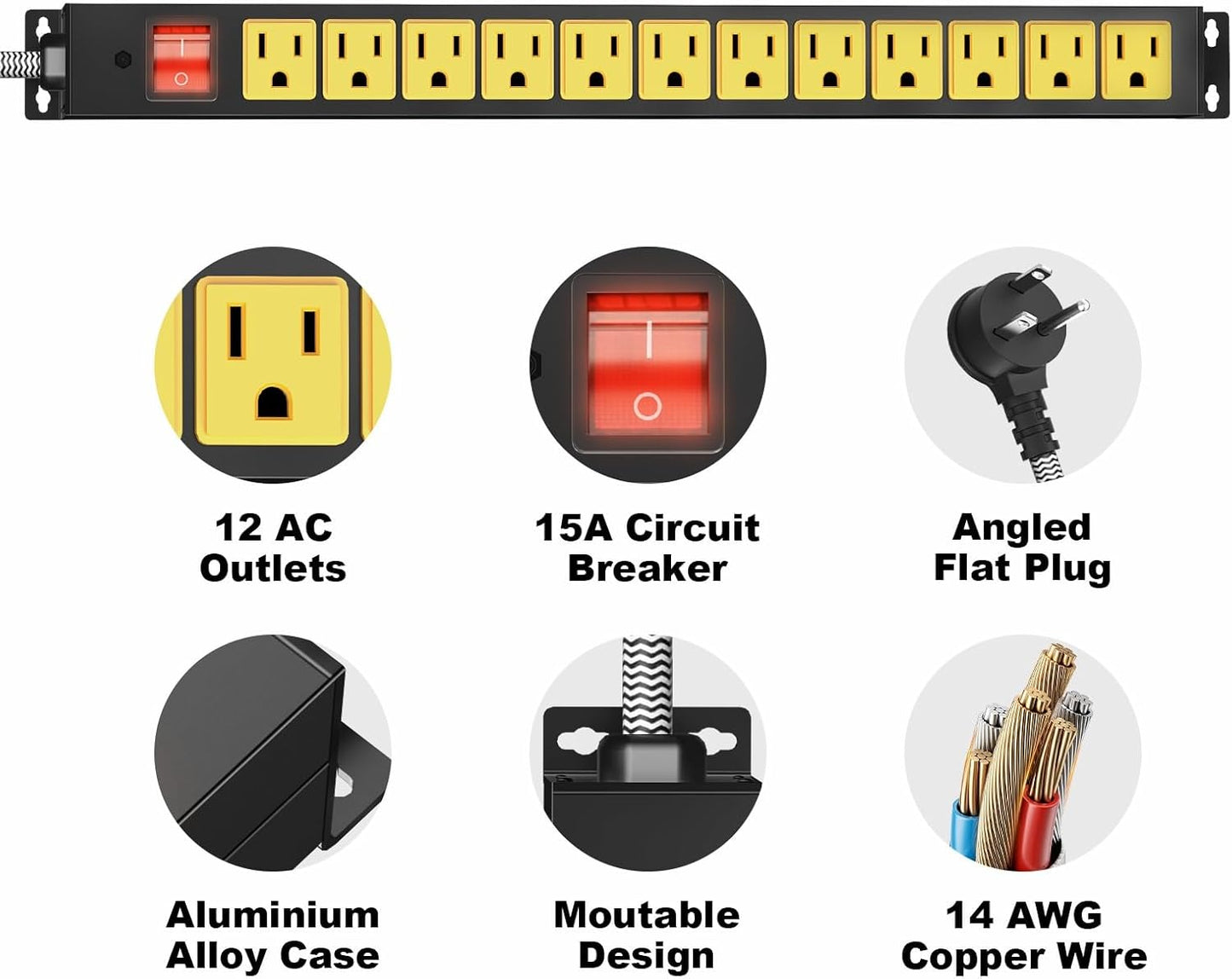 12 Outlet Heavy Duty Power Strip with 15A Circuit Breaker,Metal Wall Mount Power Strip for Garage Workshop Industrial 1200J 15A 125V 1875W 6ft Cord