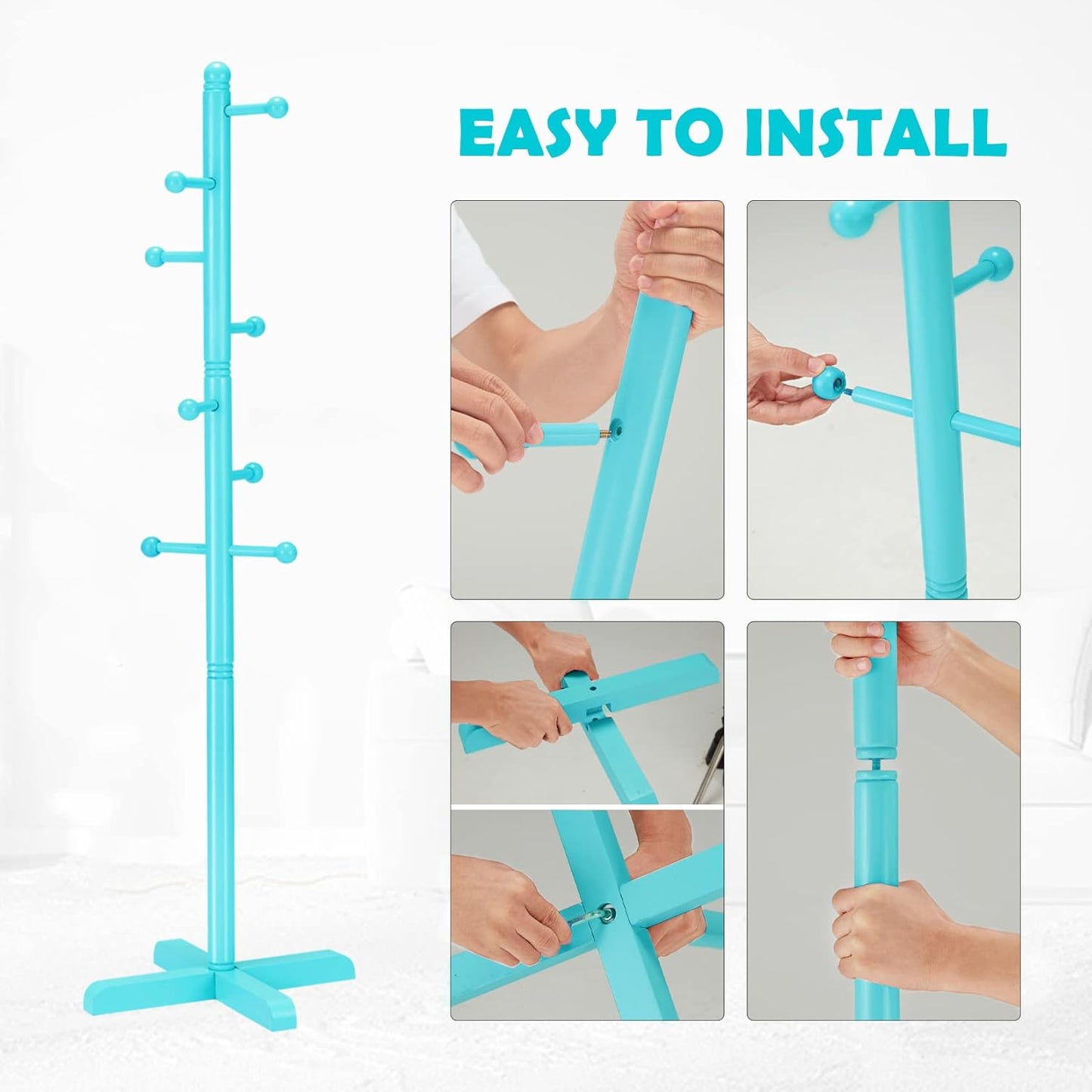 Kids Coat Rack, Freestanding Coat Racks with 8 Hooks 2 Adjustable Height, Tree Coat Rack for Bedroom, Hallway, Entrance, Office, Hats, Handbags,Purse (Blue) - Lumora Desk