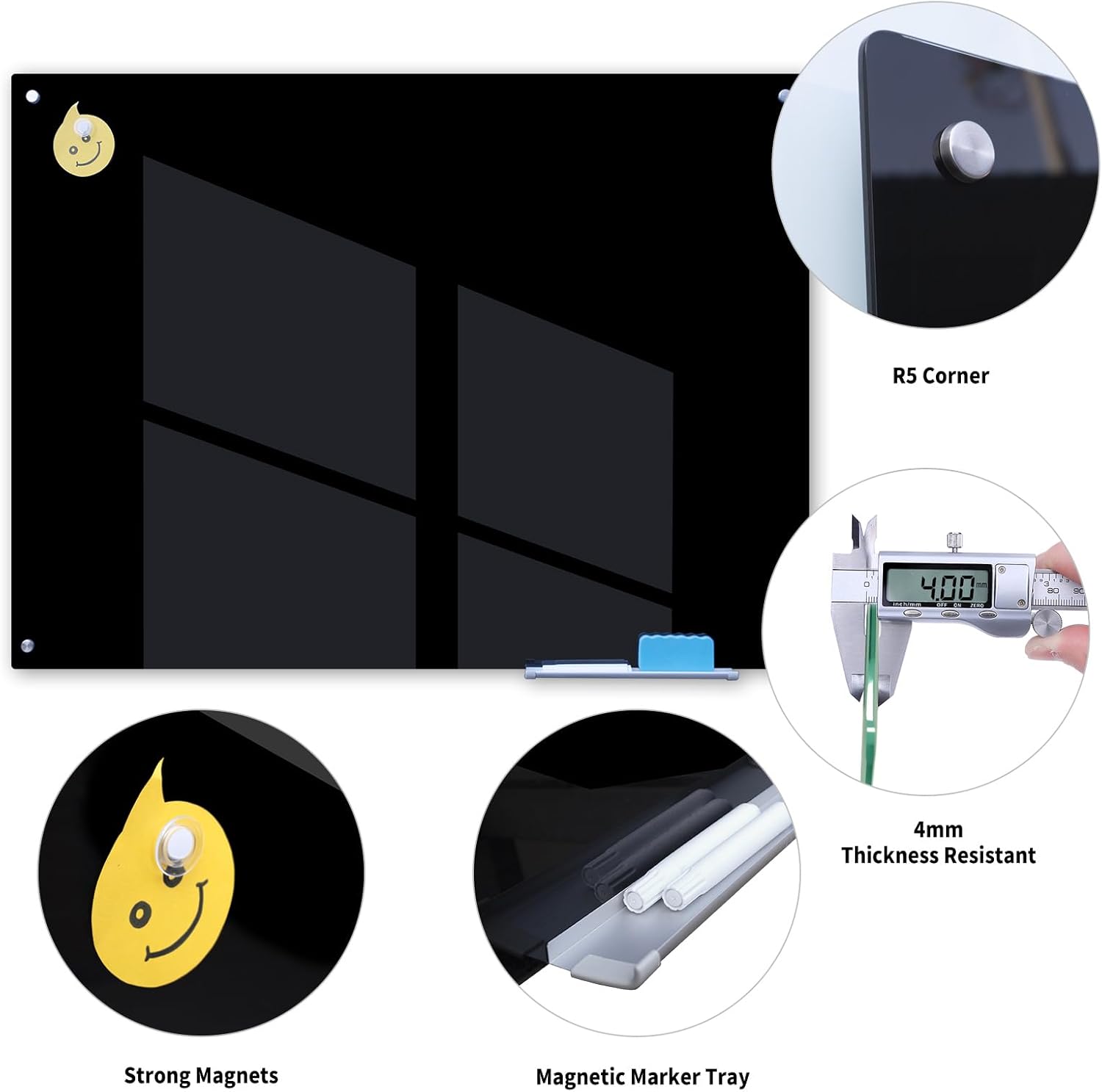 Magnetic Glass Whiteboard 48" x 36" Dry Erase Board Frameless Premium Tempered Galssboards Wall Mounted Glossy writeboard with Eraser, Marker Tray for Interactive Office, (Black) - Lumora Desk