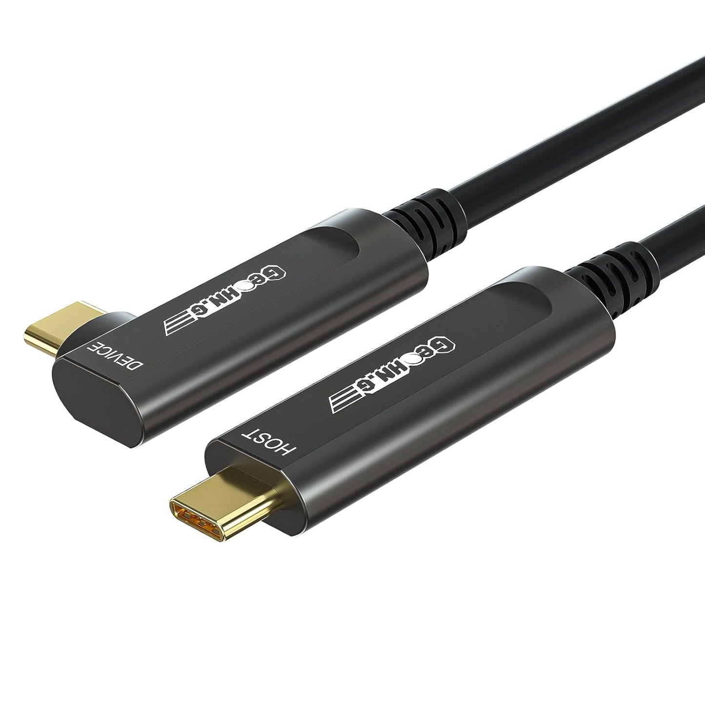 GeoHN.G USB C to C Fiber Optic Extension Cable 15M/50FT, Right Angle USB 3.2 10Gbps Long Distance Active Optical USB C Cable for VR/AR, Quest2, Webcam, Camera, Mini PC and More