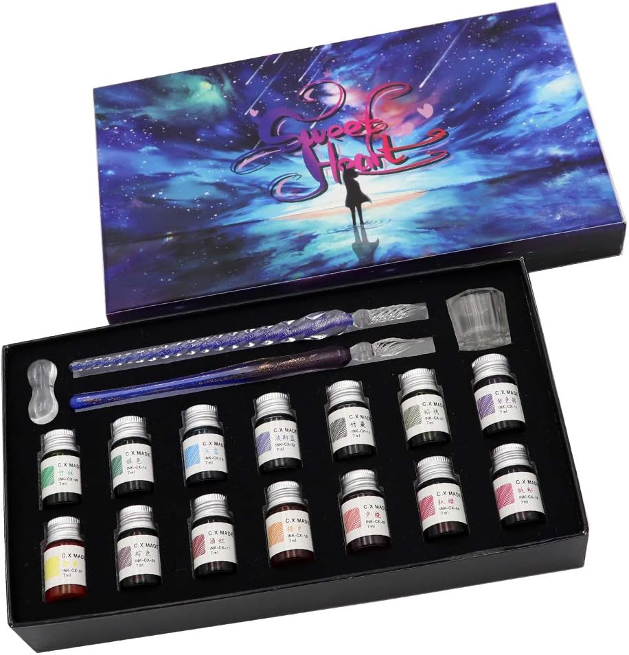 AXEARTE Glass Dip Calligraphy Pen Set, 18-Pieces 14 Color Inks, Pen Holder, Cleaning Cup, 2 Crystal Glass Pens for Art, Writing, Drawing, Signatures, Gift for Kids and Artist
