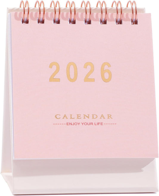 Mini Desk Calendar 2025-2026 - Runs From July 2025 until Dec 2026 Monthy Small Desktop Calendar 250 GSM Thick Paper Twin-Wire Binding for Home or Office (Pink)