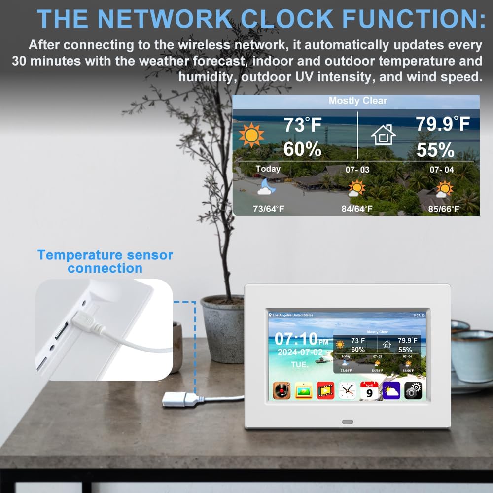 New Digital Weather Clock with Temperature Humdity Alarm Clock (7inch / White)