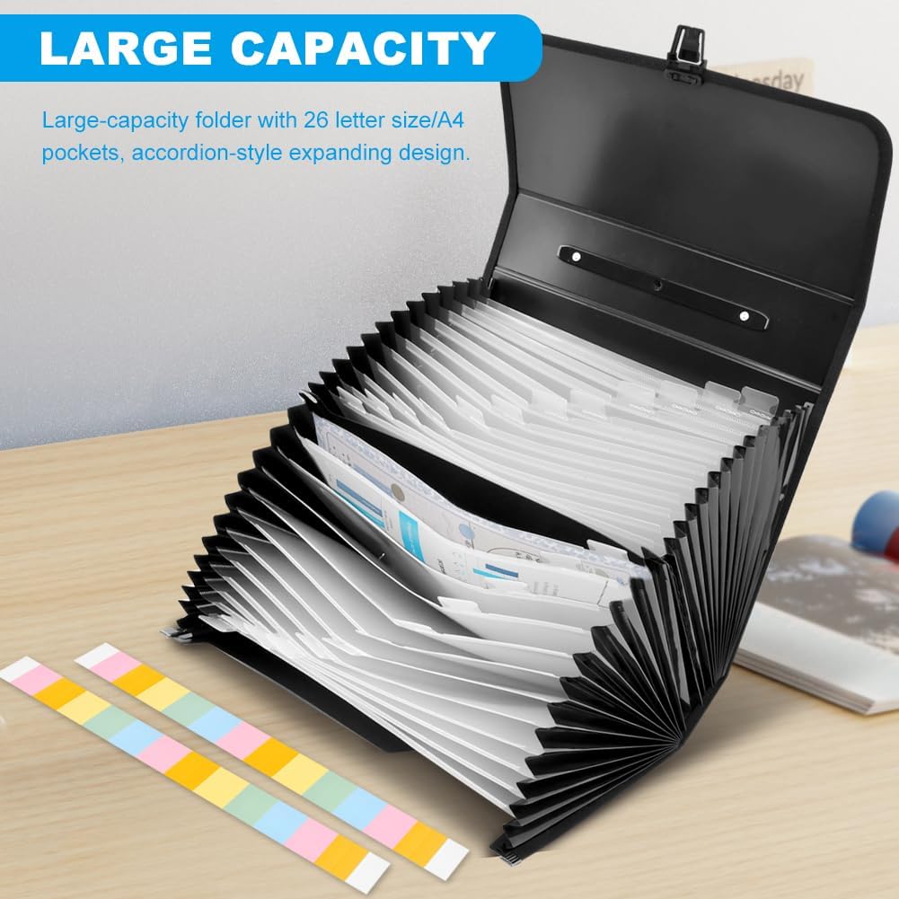 Fireproof Accordion File Organizer,26 Pockets Letter Size/A4 Accordion Files Organizer with Handle,Expanding File Folder with Lock & Labels,for Important Document/Paper Storage