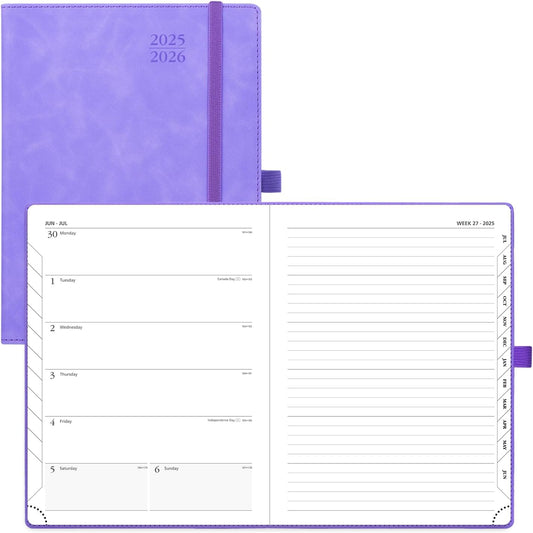 POPRUN Planner 2025-2026 Weekly Notebook (Medium 6.5''x 8.5'') Academic Calendar (JUL.25 - JUN.26) Appointment Book with Monthly Tabs, Leather Soft Cover, Inner Pocket, 100 GSM - Lilac