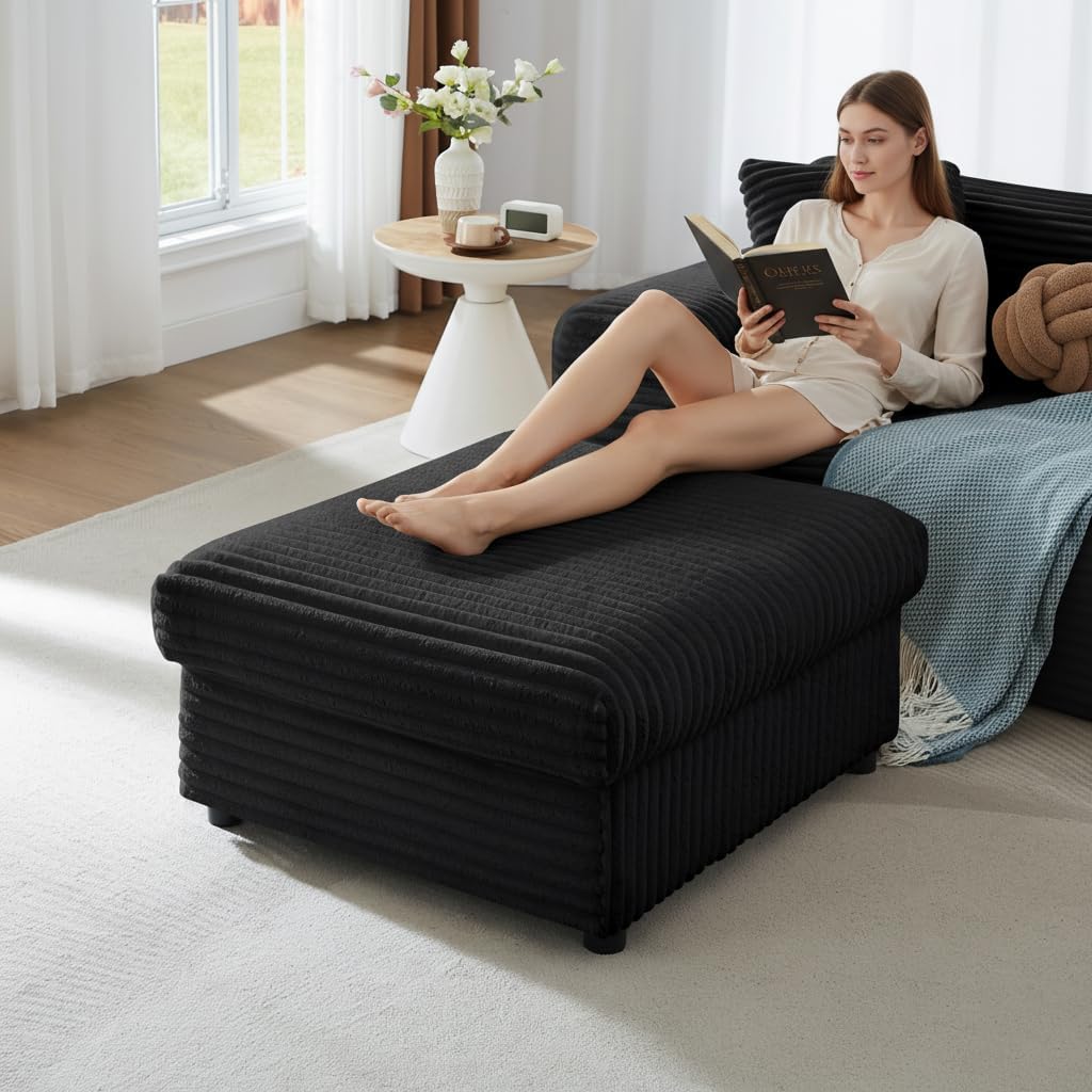 35" Corduroy Ottoman with Storage, Oversized Storage Ottoman for Living Room, Large Square Ottoman for Sofa Couch, Black
