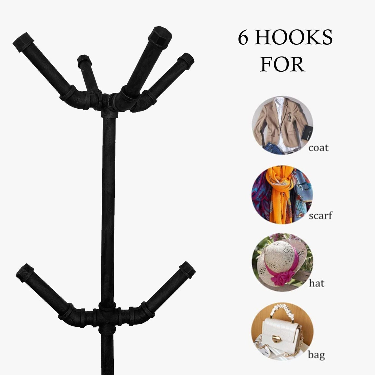 Industrial Coat Rack,Metal Pipe Coat Rack Stand Freestanding with 6 Hooks,Heavy Duty Coat Tree Sturdy Coat Racks for Entryway, Hallway, Bedroom (Black) - Lumora Desk