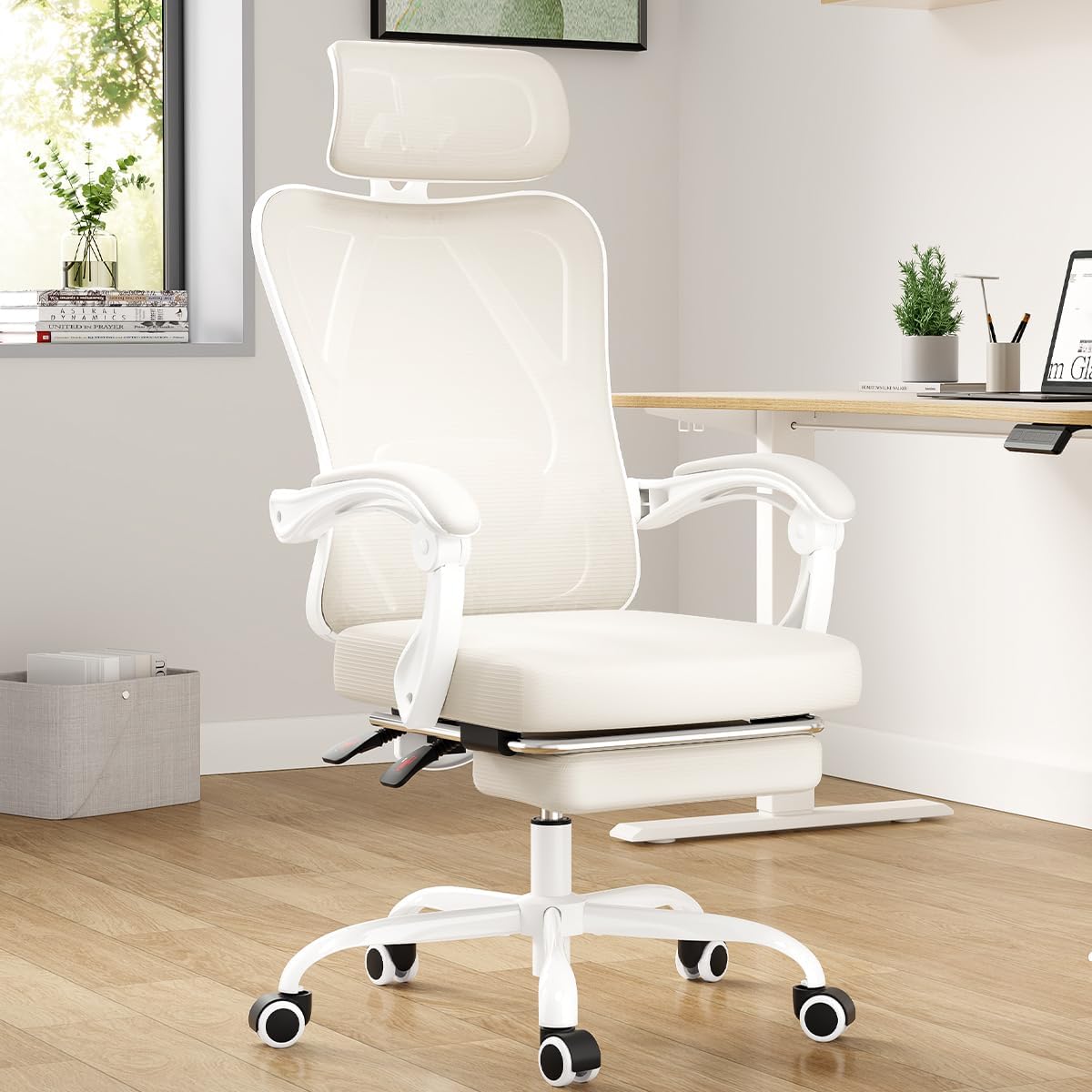 Ergonomic Office Chair with Footrest, Mesh Office Desk Chair with Headrest, High Back Computer Chair with Adjustable Lumbar Support for Home Office Study Room or Bedroom, Beige
