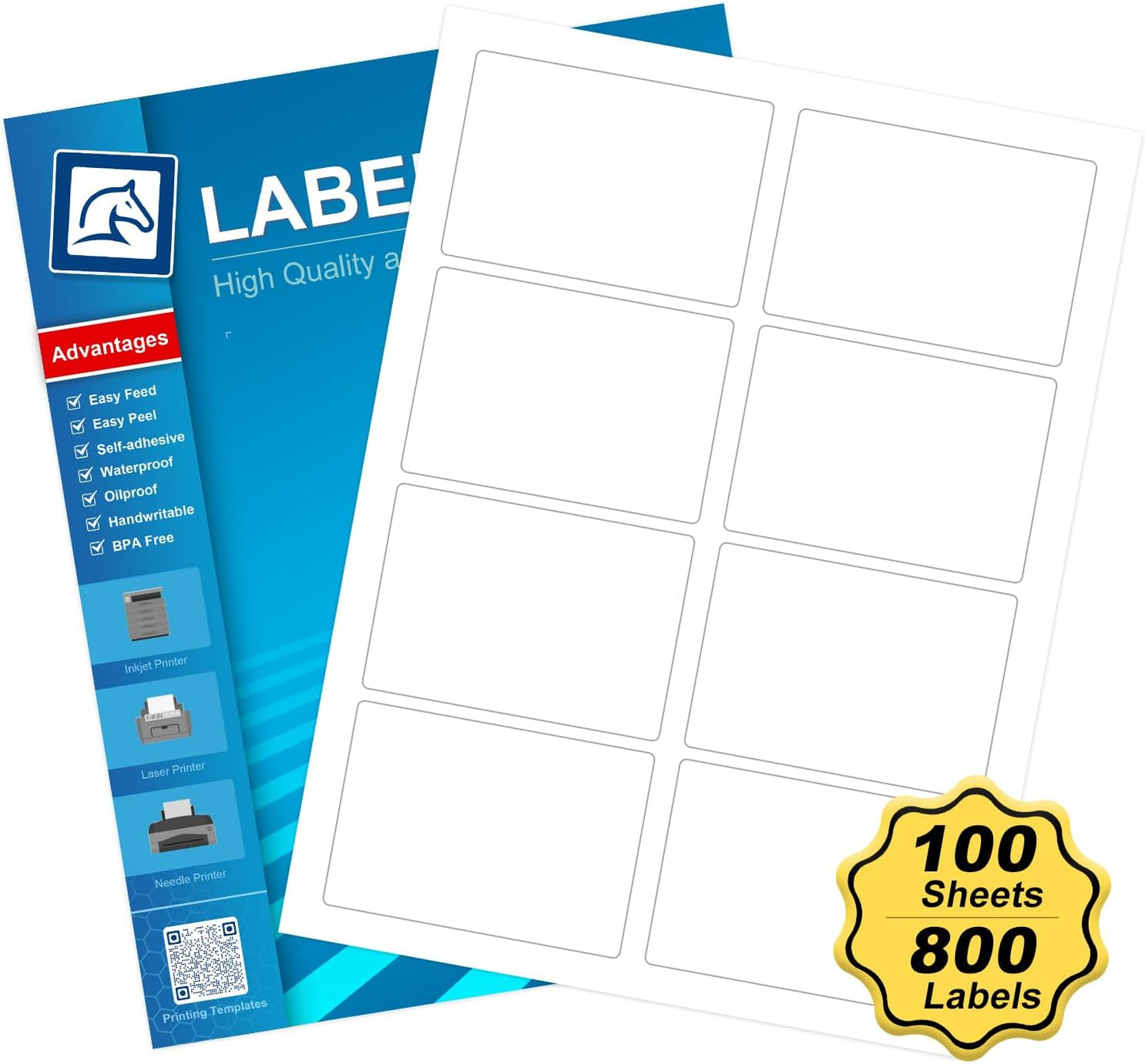 Name Tag Stickers 2 1/3" x 3 3/8", White Blank Mailing Labels, Inkjet and Laser Printer Guaranteed, 8 Labels Per Sheet, 100 Sheets - 800 Labels（HB-R108）