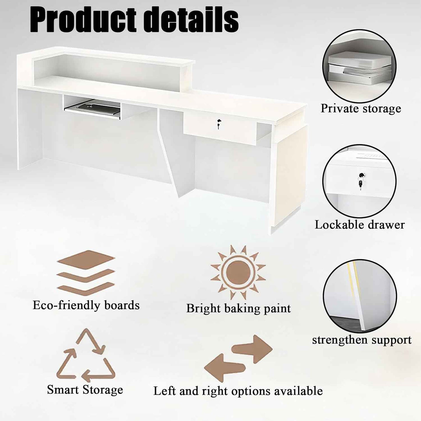63in Reception Desk with Counter，Modern Front Desk Reception Counter for Checkout, Lobby, Beauty Salon (Left high)