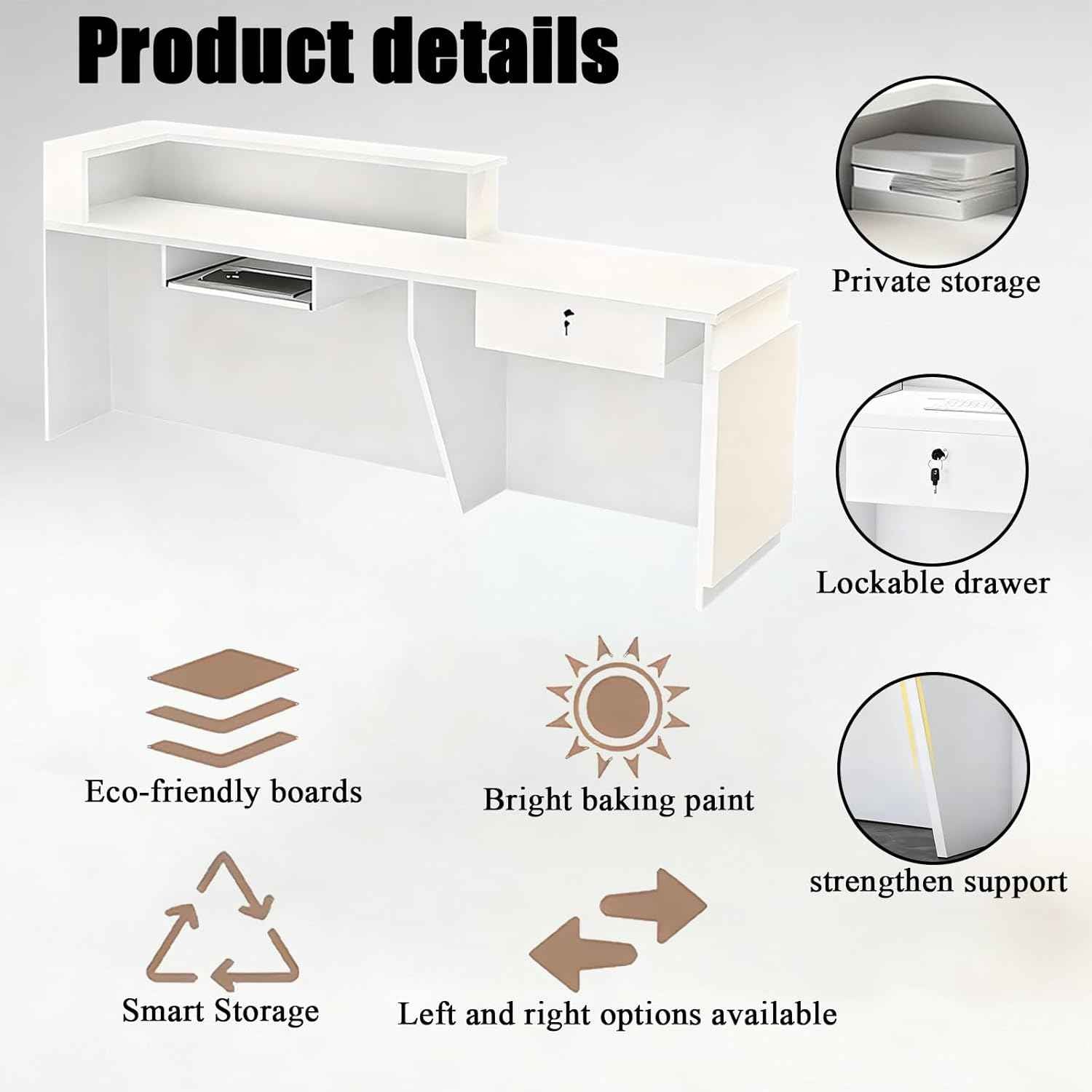 63in Reception Desk with Counter，Modern Front Desk Reception Counter for Checkout, Lobby, Beauty Salon (Left high)