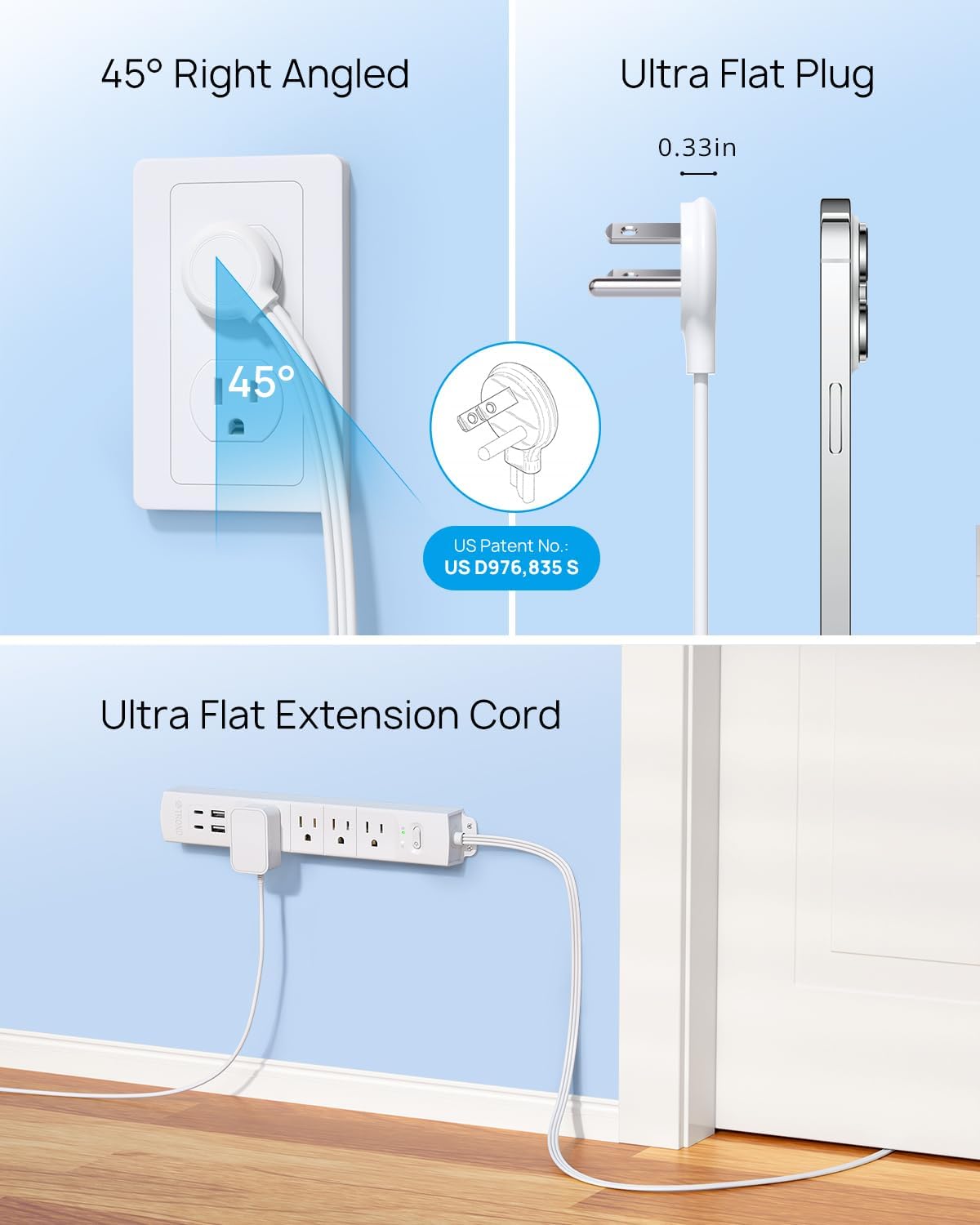 TROND Flat Plug Power Strip USB-10ft Flat Extension Cord Surge Protector Wall Mount, 2 USB C & 2 USB A Ports with Multiple Outlets, 1440J, 1625W for Office Supplies Dorm Room Essentials, White