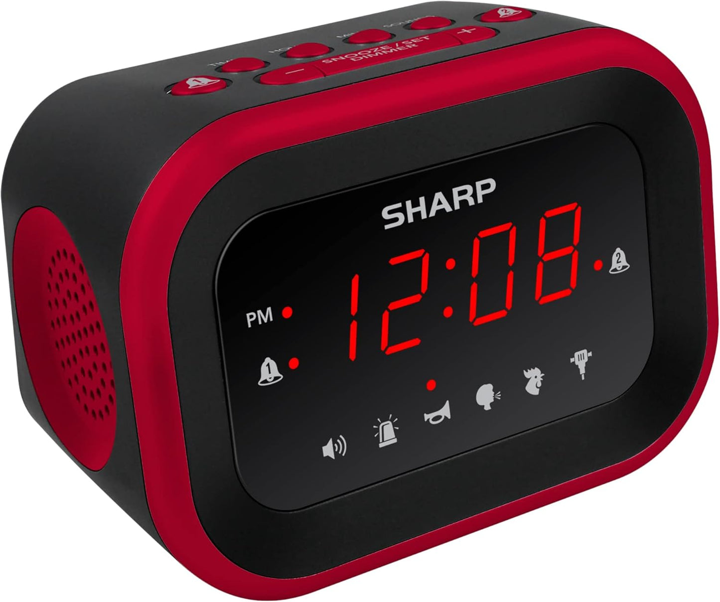 Sharp Big Bang Super Loud Alarm Clock for Heavy Sleepers, 6 Extremely Loud Wake Up Sounds: Rooster, Bugle, Nagging Mom, Jackhammer, Siren, Beep – Up to 115db Volume, Red/Black with Red LED Display